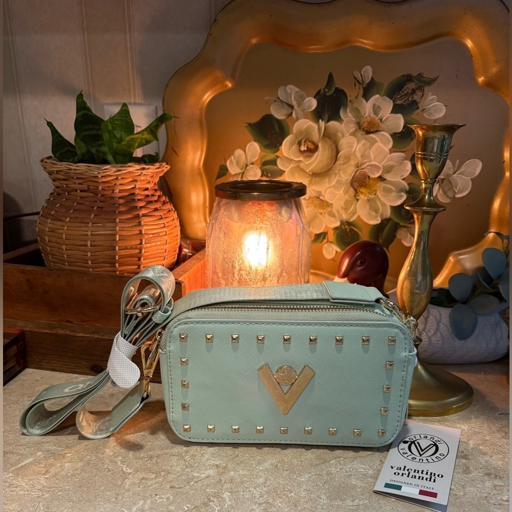Valentino Orlandi mint green double zip crossbody wide strap V logo studded NEW!